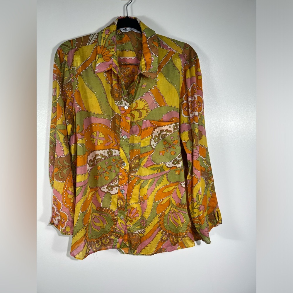 Zara Printed Button Up Cotton Shirt Sz Medium - Picture 5 of 11